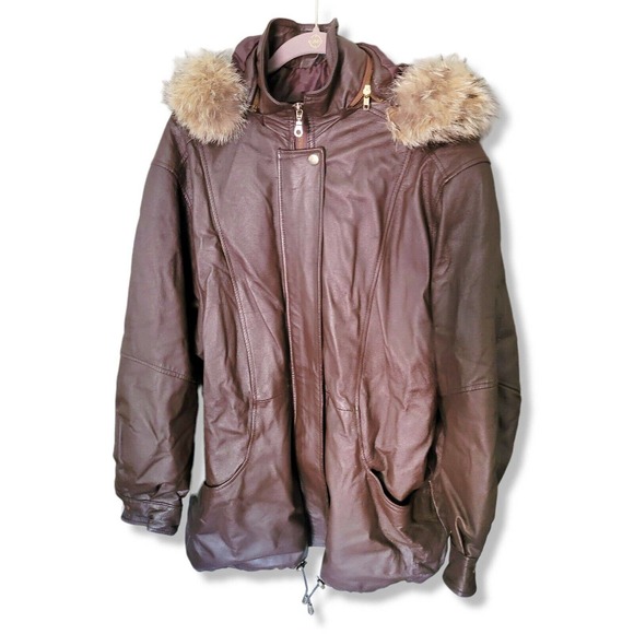 VTG Brown Leather Coat Fur lined hood wool lined parka Insulated bomber jacket